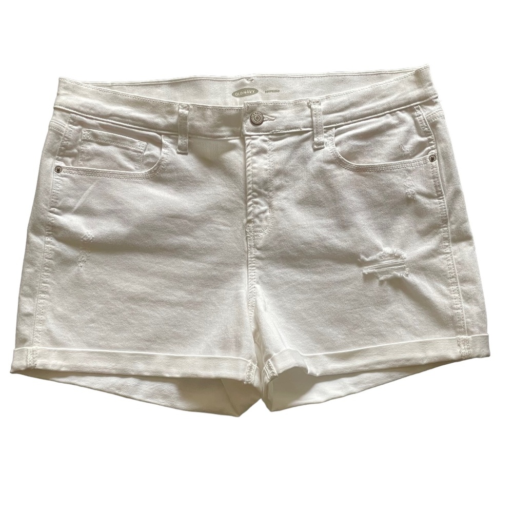 Old Navy Boyfriend Rolled Cuff Distressed Denim Shorts | White | 14